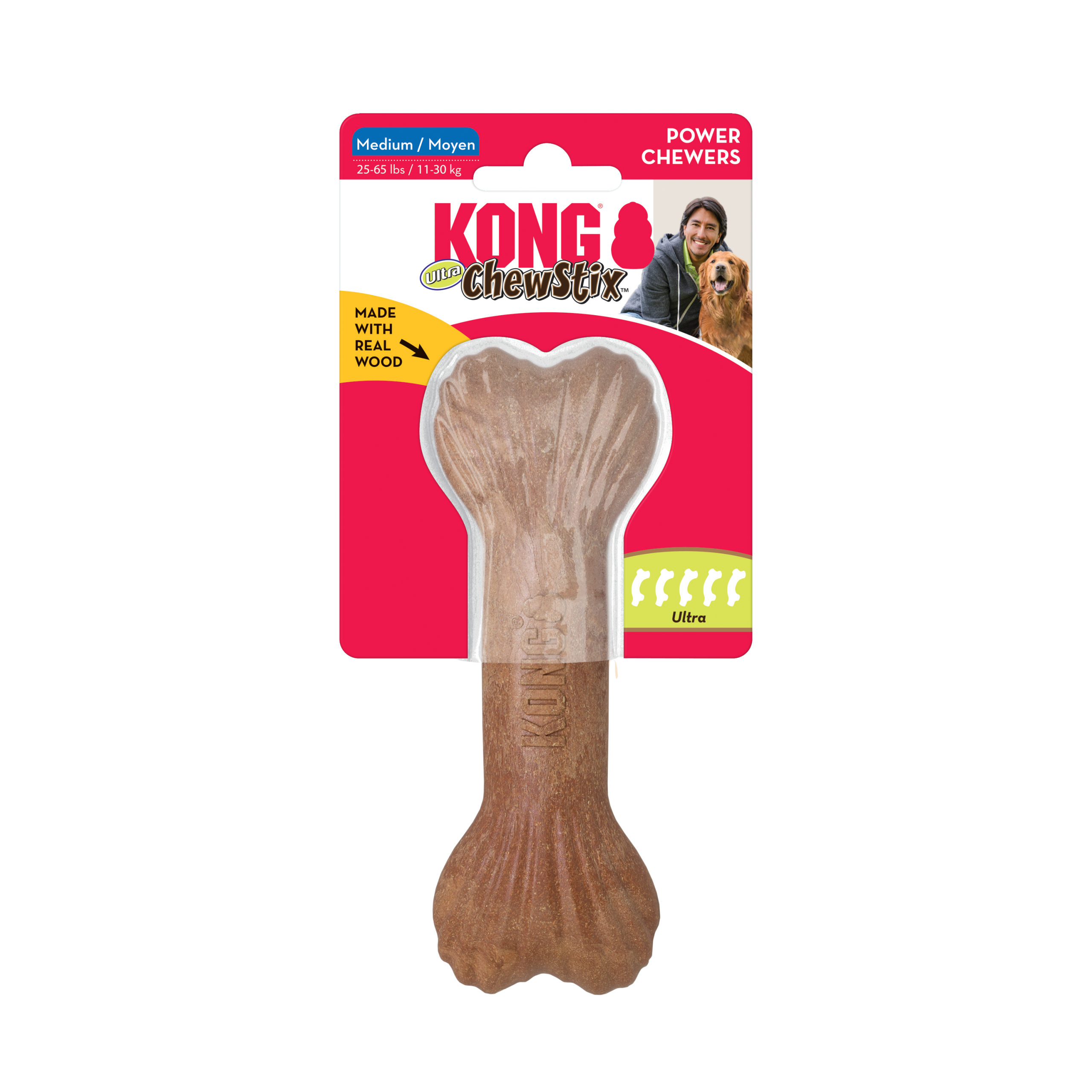 צעצוע לעיסה בצורת עצם, עשוי תערובת עץ טבעי ופלסטיק עמיד, בגוון חום כהה עם טקסטורה מחוספסת