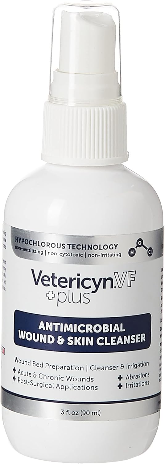 בקבוק ספריי Vetericyn VF Plus לניקוי וטיפול בפצעים בעור – 60–118 מ"ל, בטוח לבעלי חיים.