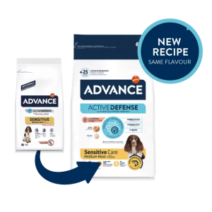 מזון רגישות לכלבים בינוניים/גדולים עם סלמון איכותי, אורז קל לעיכול, פרה-ביוטיקה ואומגה, לפתרון מושלם למערכת עיכול רגישה ובריאות כללית.