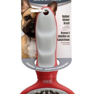 מברשת סליקר Le Salon Essentials בסגנון גומי קטן S – ידית אדומה, זיפי גומי במשטח אפור להסרת פרווה.