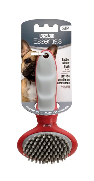 מברשת סליקר Le Salon Essentials בסגנון גומי קטן S – ידית אדומה, זיפי גומי במשטח אפור להסרת פרווה.