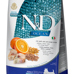שק מזון יבש לכלבים קטנים N&D Ocean בטעם קוד, דגנים ותפוז.