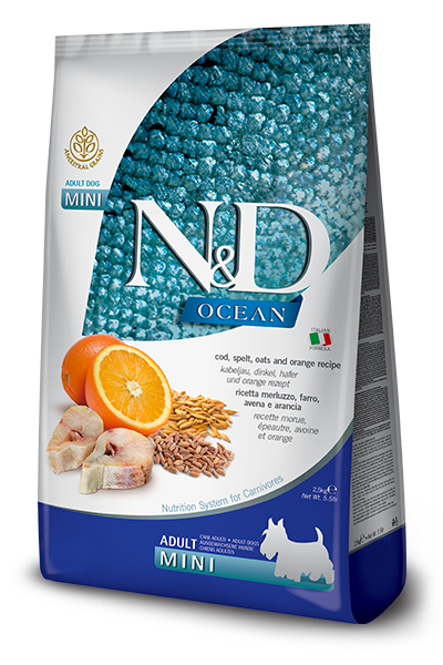 שק מזון יבש לכלבים קטנים N&D Ocean בטעם קוד, דגנים ותפוז.