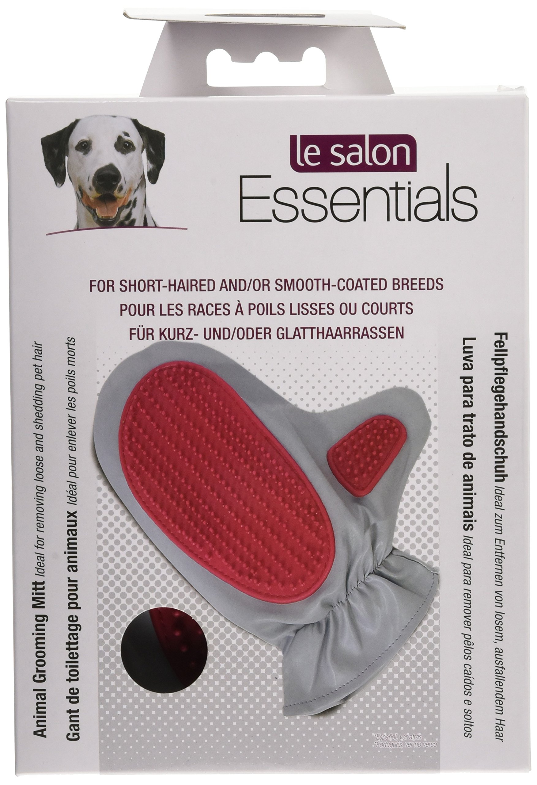 כפפת גומי Le Salon Essentials ליד ימין עם סיבים גומי לניקוי ולטיפוח פרווה עדינה.