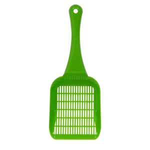 כף מסננת פלסטיק ירוקה Cat Love לבעלי חיים, ידית ארוכה וחור תלייה לניקוי תיבות חול.