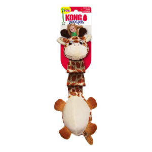 בובת גירפה רכה עם מרקמים שונים וחבל פנימי של KONG למשחק כלבים.