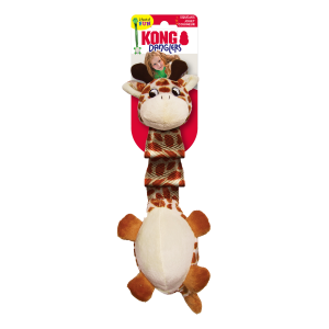 בובת גירפה רכה עם מרקמים שונים וחבל פנימי של KONG למשחק כלבים.