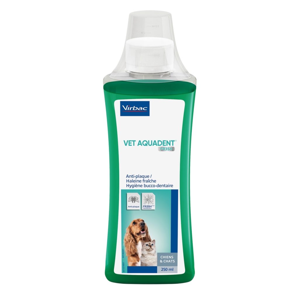 בקבוק Aquadent FR3SH 500 מ"ל מבית Virbac להוספה למי שתייה – תוסף לשיניים וכלי נשימה נקייה אצל כלבים וחתולים.