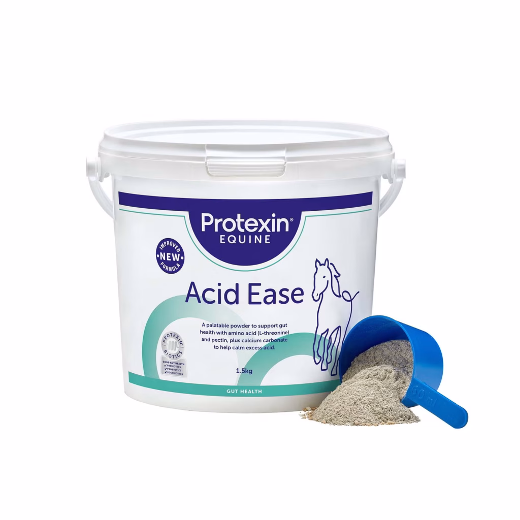 דלי אבקת Acid Ease, תוסף מזון לקיזוז חומציות ולהגנה על הקיבה של סוסים וסייחים.
