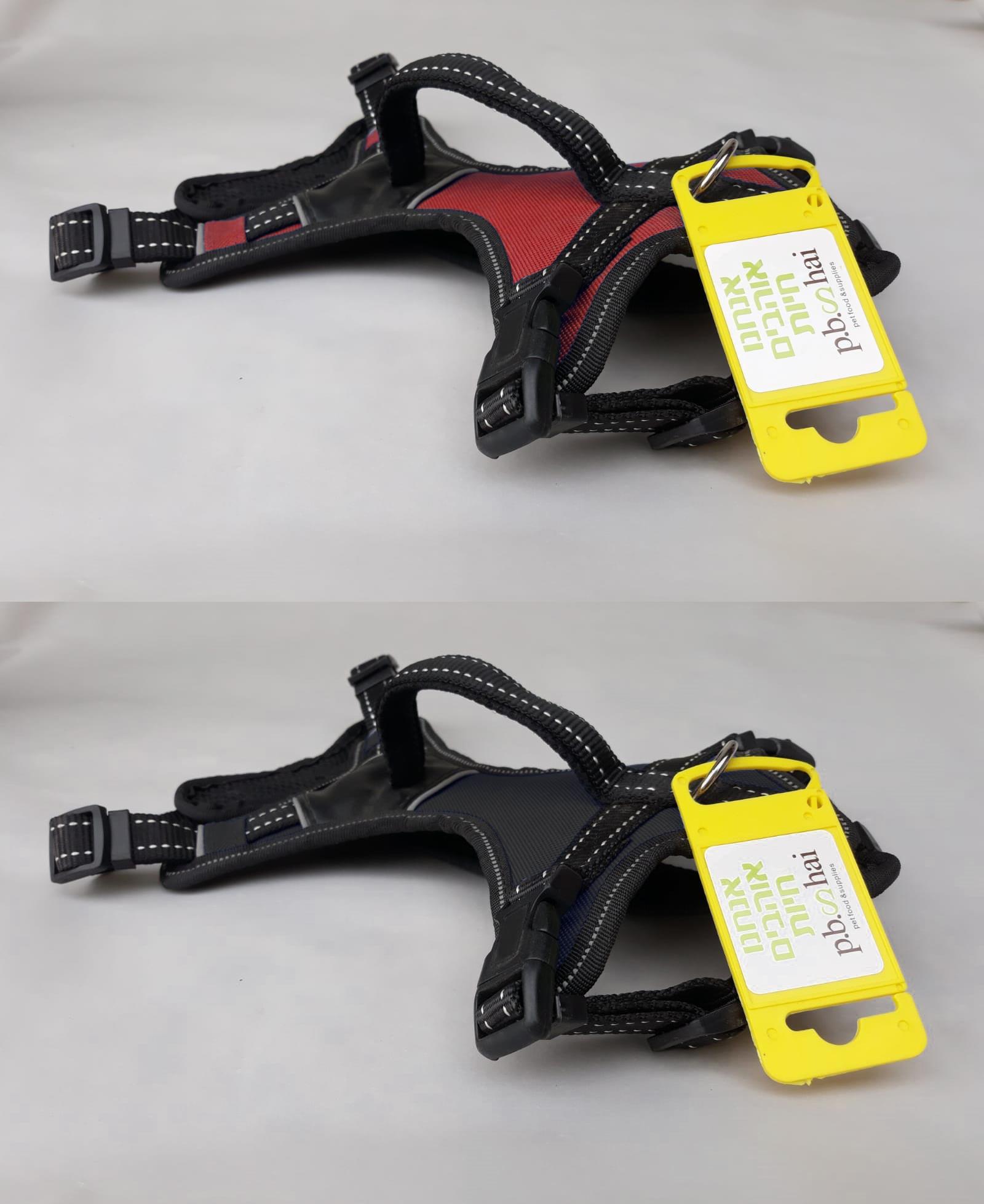 רתמת ספורט מרופדת L של פ.ב.שי – בצבע שחור או אדום, עם ריפוד, אבזם קדמי וידית שליטה עליונה.