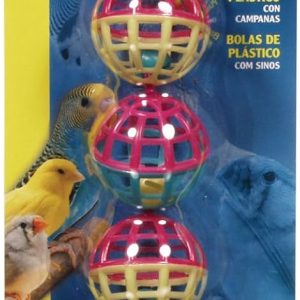 ארבעה כדורי פלסטיק צבעוניים עם פעמונים קטנים, צעצוע תלוי שמיועד לתוכים קטנים ובינוניים.