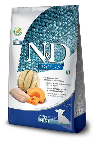שק מזון יבש N&D Ocean לגורי מיני בטעם קוד, דלעת ומלון.