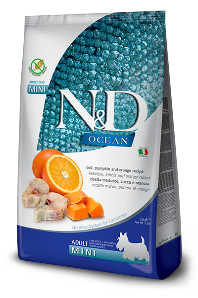 שק מזון יבש לכלבים קטנים N&D Ocean Pumpkin בטעם קוד ודלעת.