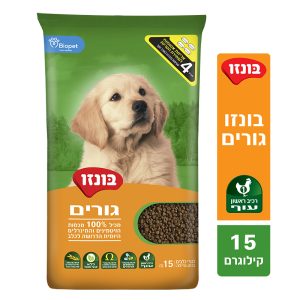 שק מזון יבש לגורי כלבים, מועשר בחלבון, ויטמינים וסיבים תזונתיים.