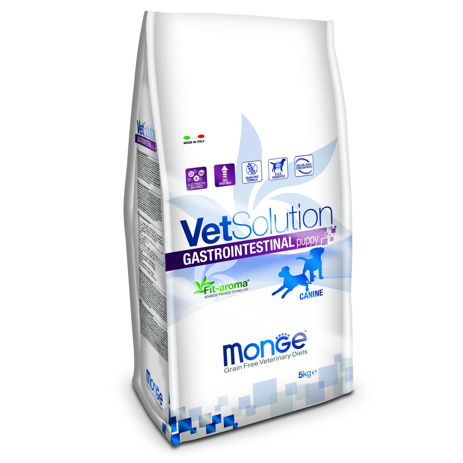שק מזון דיאטטי יבש לגורי כלבים – VetSolution Gastrointestinal Puppy, סימול תמיכה בעיכול על האריזה