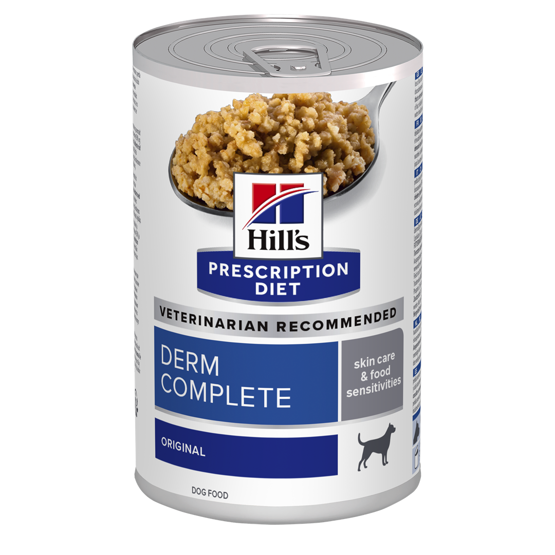 שימורים רפואיים רטובים לכלבים עם בעיות עור ורגישות למזון. פורמולה דרם קומפליט של הילס.