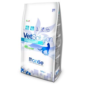 שק מזון דיאטטי יבש לחתולים – VetSolution Dermatosis, סימון תמיכה בעור רגיש על האריזה