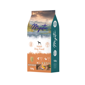 מזון יבש איכותי לכלבים בוגרים עם סלמון טרי, ירקות ופירות, פרוביוטיקה וויטמינים לתמיכה בבריאות ובטעם עשיר.