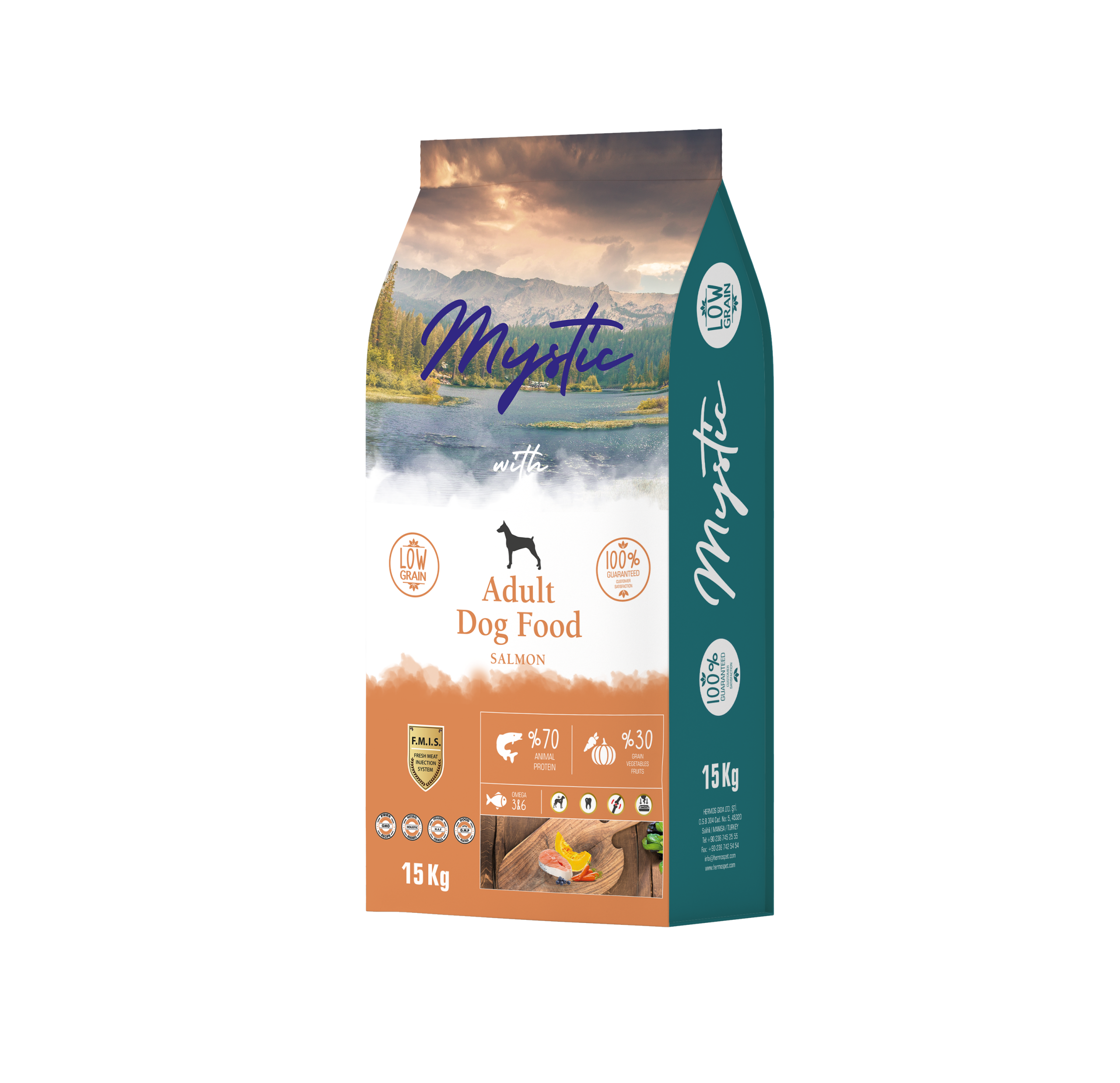 מזון יבש איכותי לכלבים בוגרים עם סלמון טרי, ירקות ופירות, פרוביוטיקה וויטמינים לתמיכה בבריאות ובטעם עשיר.