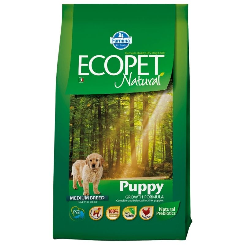 מזון פרימיום על בסיס עוף, מותאם לגורי כלבים מגזע בינוני.