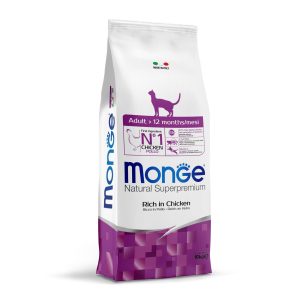 שק מזון יבש לחתולים בוגרים בטעם עוף עם סמלי מידע תזונתי.