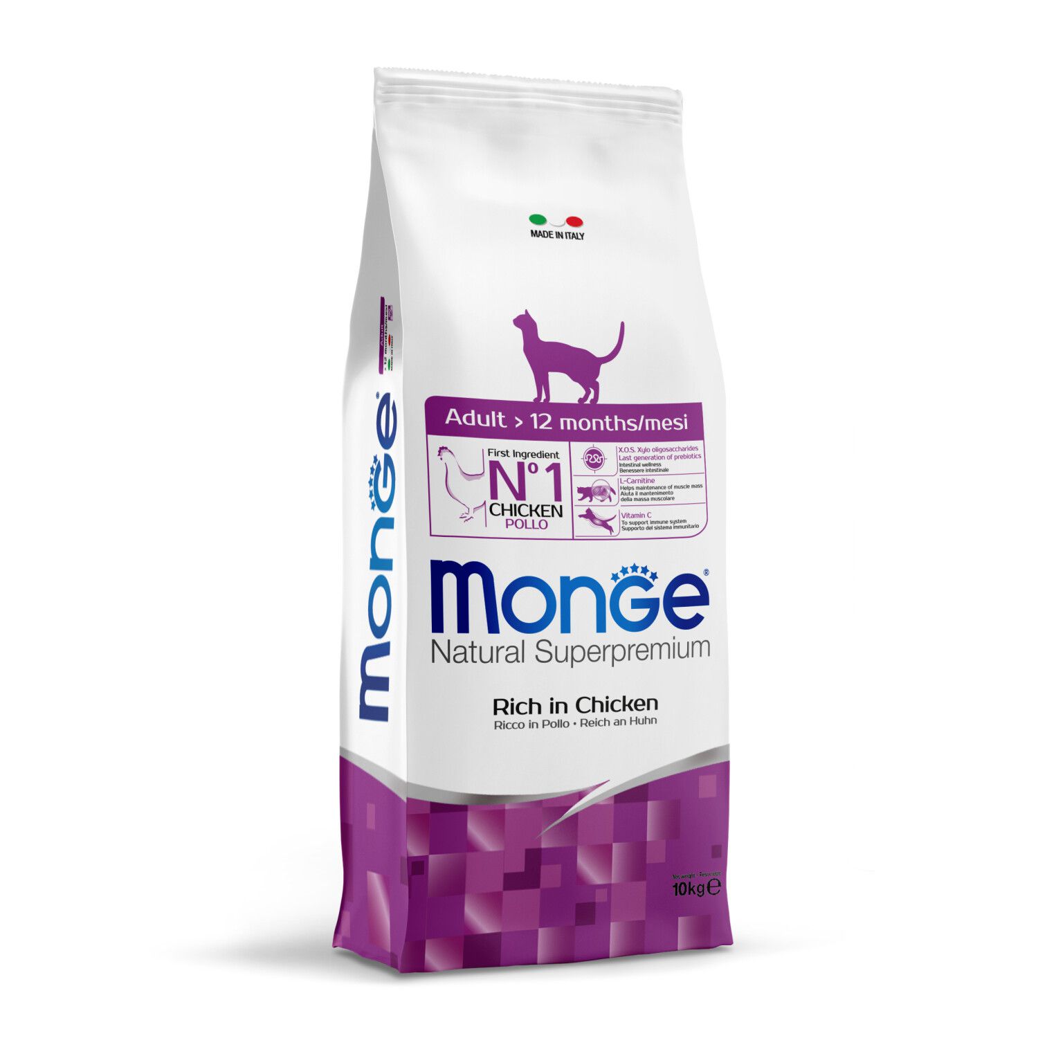 שק מזון יבש לחתולים בוגרים בטעם עוף עם סמלי מידע תזונתי.