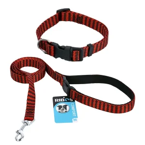 סט קולר ורצועת ניילון לכלב קטן עד בינוני ברוחב 1.5 ס״מ מבית Ribos, עם אבזם וטבעת מתכת.