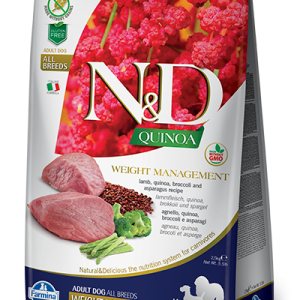 מזון יבש דיאטטי לכלבים בוגרים קטנים – כבש, קינואה וסיבים תומכים בעיכול ובעמידה במשקל מאוזן.