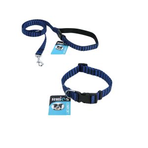 סט קולר ורצועת ניילון לכלב קטן עד בינוני ברוחב 1.5 ס״מ מבית Ribos, עם אבזם וטבעת מתכת.