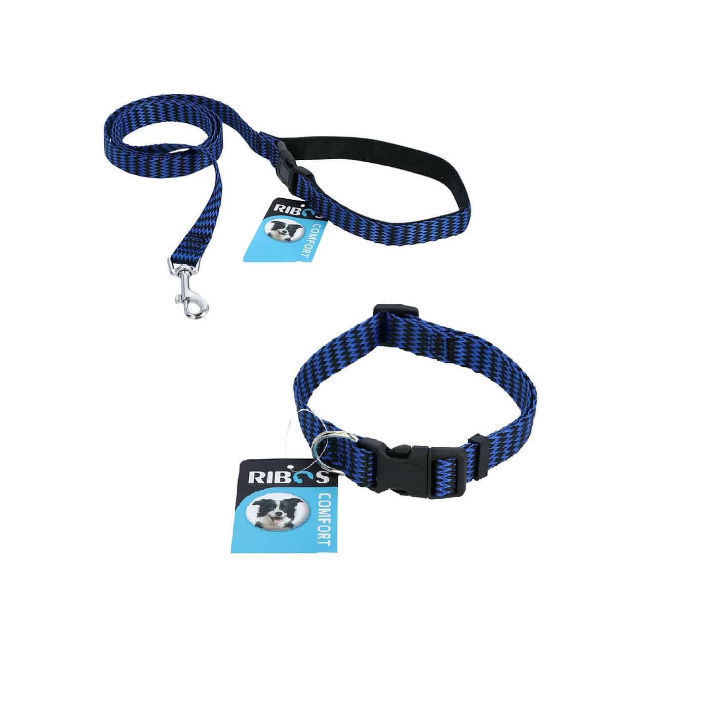 סט קולר ורצועת ניילון לכלב קטן עד בינוני ברוחב 1.5 ס״מ מבית Ribos, עם אבזם וטבעת מתכת.