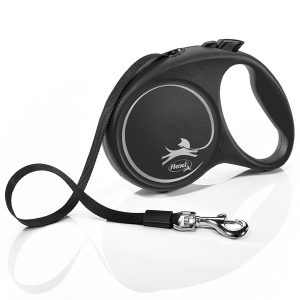 רצועת Flexi Fun L בצבע שחור/כחול לכלבים גדולים עם ידית רכה ורצועה שטוחה באורך 5 מטר.