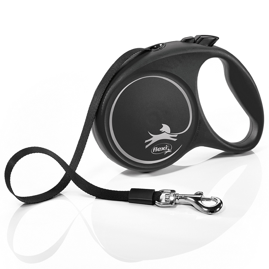 רצועת Flexi Fun L בצבע שחור/כחול לכלבים גדולים עם ידית רכה ורצועה שטוחה באורך 5 מטר.
