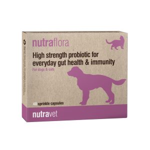 אריזות נוטרהפלורה פרביוטיקה של Nutravet – 12 ו-48 יחידות לתמיכה טבעית במערכת העיכול של כלבים וחתולים.