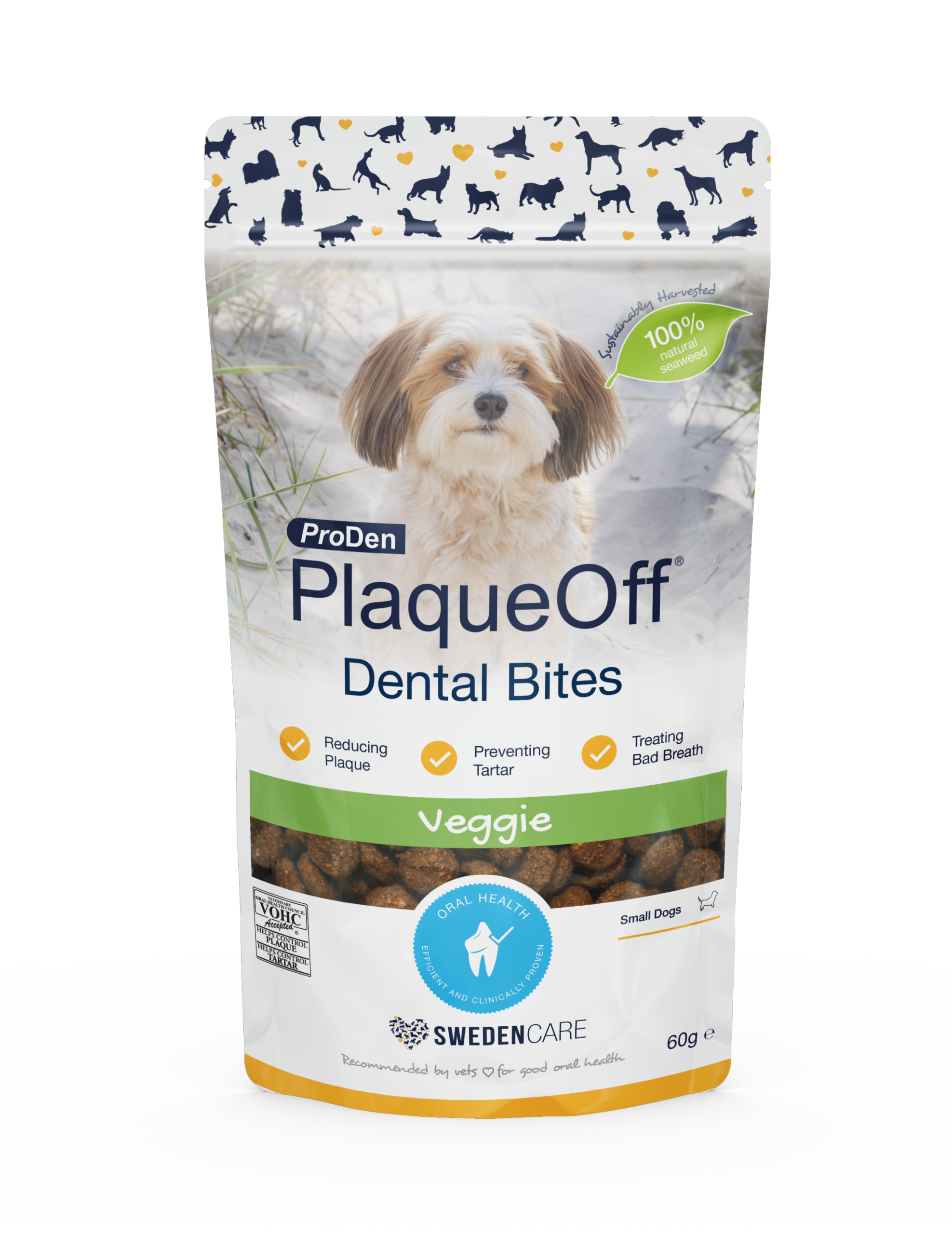 קופסאות פלאק אוף דנטל בייטס 150 גרם ו-60 גרם – חטיפים טבעיים לשמירה על שיניים נקיות ונשימה רעננה לכלבים וחתולים.