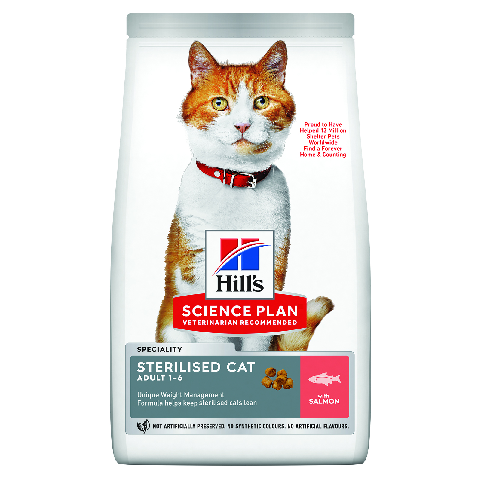 שק מזון יבש לחתולים מסורסים או מעוקרות בטעם סלמון.