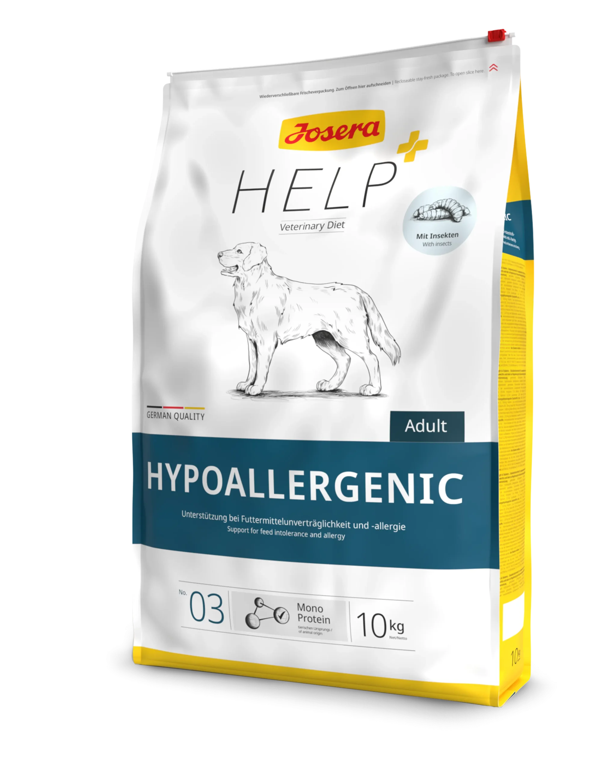שק מזון רפואי יבש לכלבים – Josera Hypoallergenic Veterinary, סימון תמיכה ברגישויות תזונתיות על האריזה