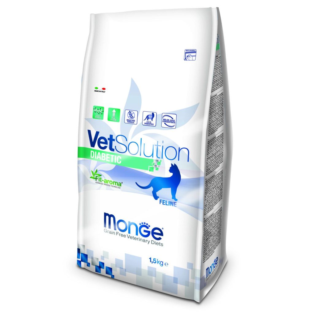 שק מזון דיאטטי יבש לחתולים – VetSolution Diabetic, הדגשות תמיכה בוויסות רמות סוכר על גבי האריזה