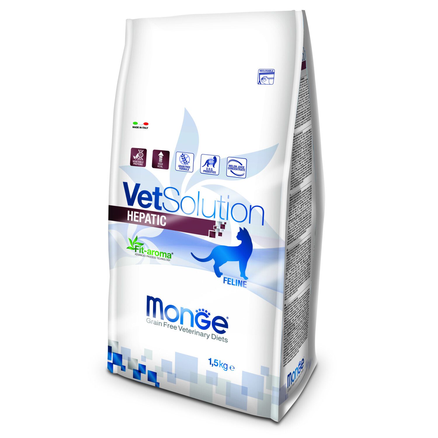 שק מזון דיאטטי יבש לחתולים – VetSolution Hepatic, הדגשות תמיכה בכבד על גבי האריזה