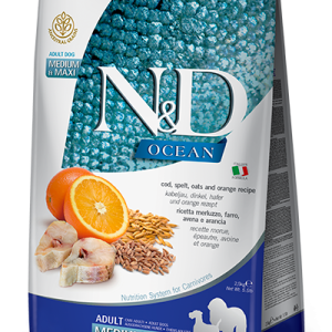 שק מזון יבש N&D Ocean לכלבים בינוניים וגדולים בטעם קוד ודגנים – 12 ק״ג.
