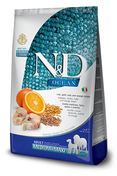 שק מזון יבש N&D Ocean לכלבים בינוניים וגדולים בטעם קוד ודגנים – 12 ק״ג.